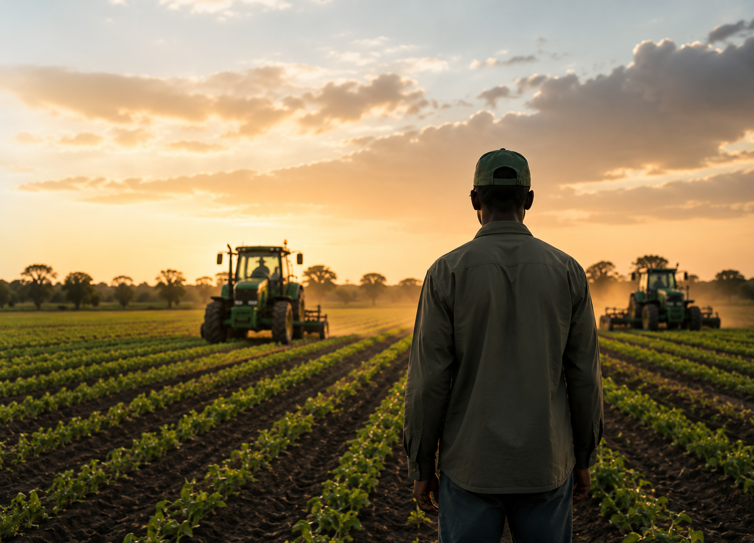 A farmer standing in a field at sunset, tractors working the rows behind him